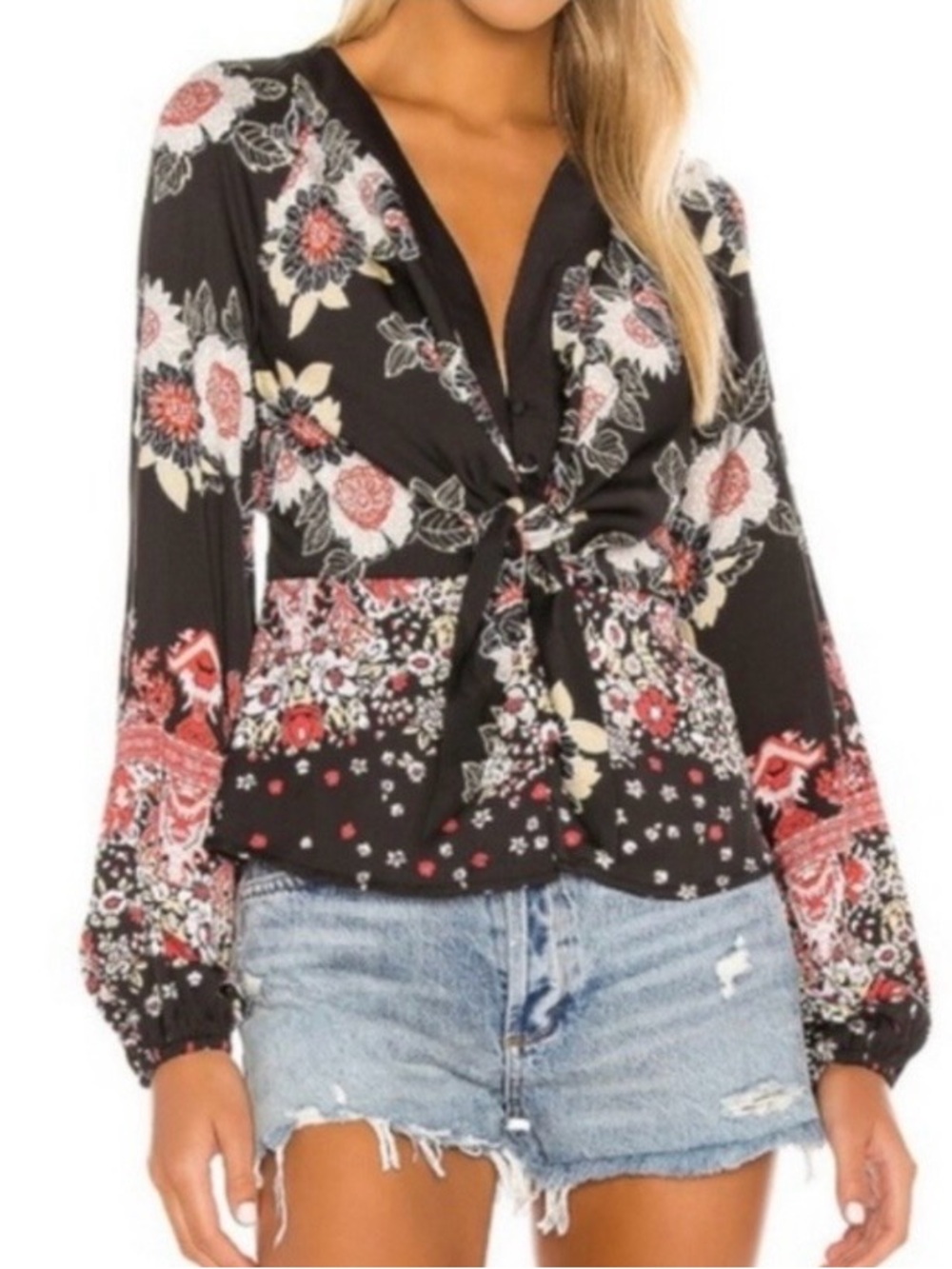 Free People Black Floral Tie-Front Blouse with Pink & Cream Accents